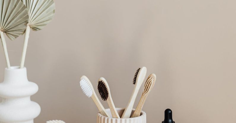Eco Alternatives - Collection of bamboo toothbrushes and organic natural soaps with wooden body brush arranged with recyclable glass bottle with natural oil and ceramic vase with artificial plant