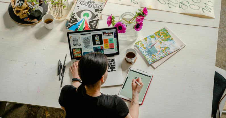 Creativity Workplace - Photo of Woman Writing on Tablet Computer While Using Laptop