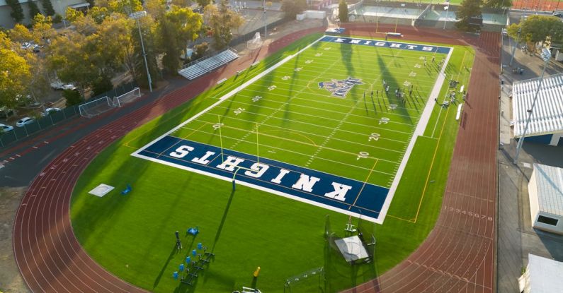 Winning Pitch - An aerial view of a football field with a blue and white field