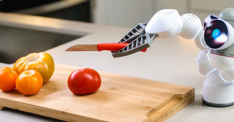 Data Innovation - A Clicbot Slicing Holding a Knife Near Wooden Chopping Board