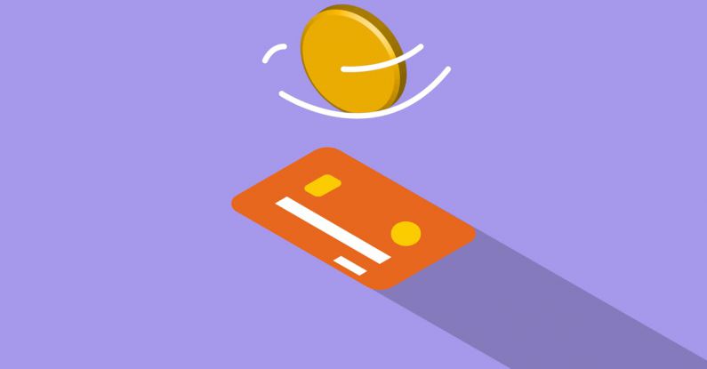 Debt Management - Creative graphic illustration of golden coin spinning above credit card on violet background