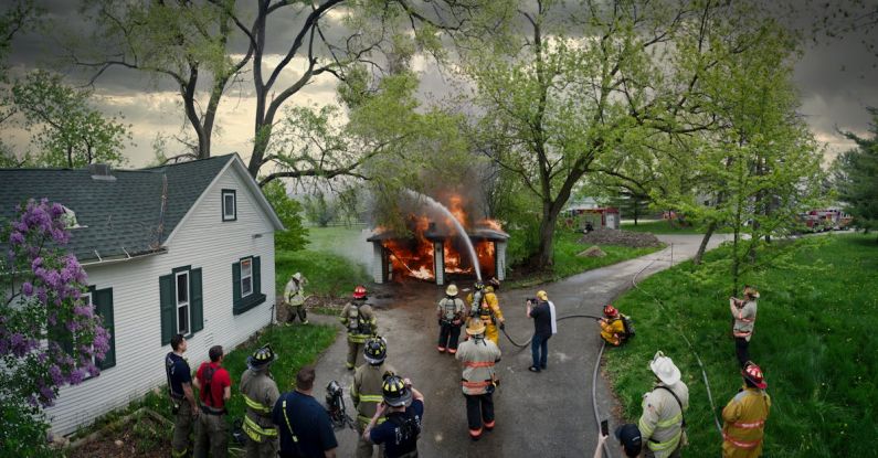 Team Morale - Firefighters and people stand around a house with a fire